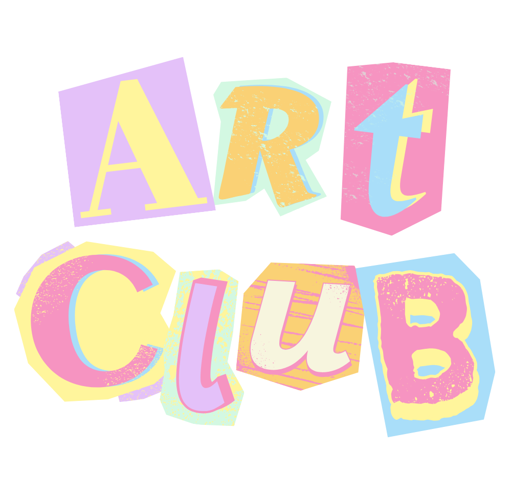 Colorful, stylized text spelling 'Art Club' with each letter on a different pastel-colored block resembling scrapbook paper letters..