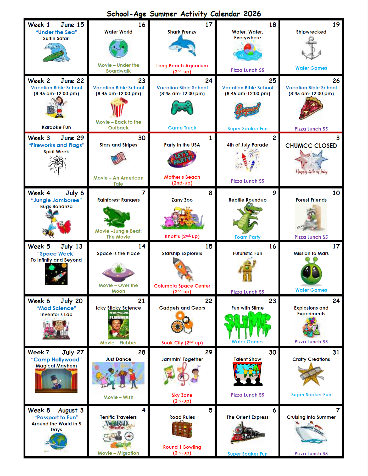 School Age Summer Calendar