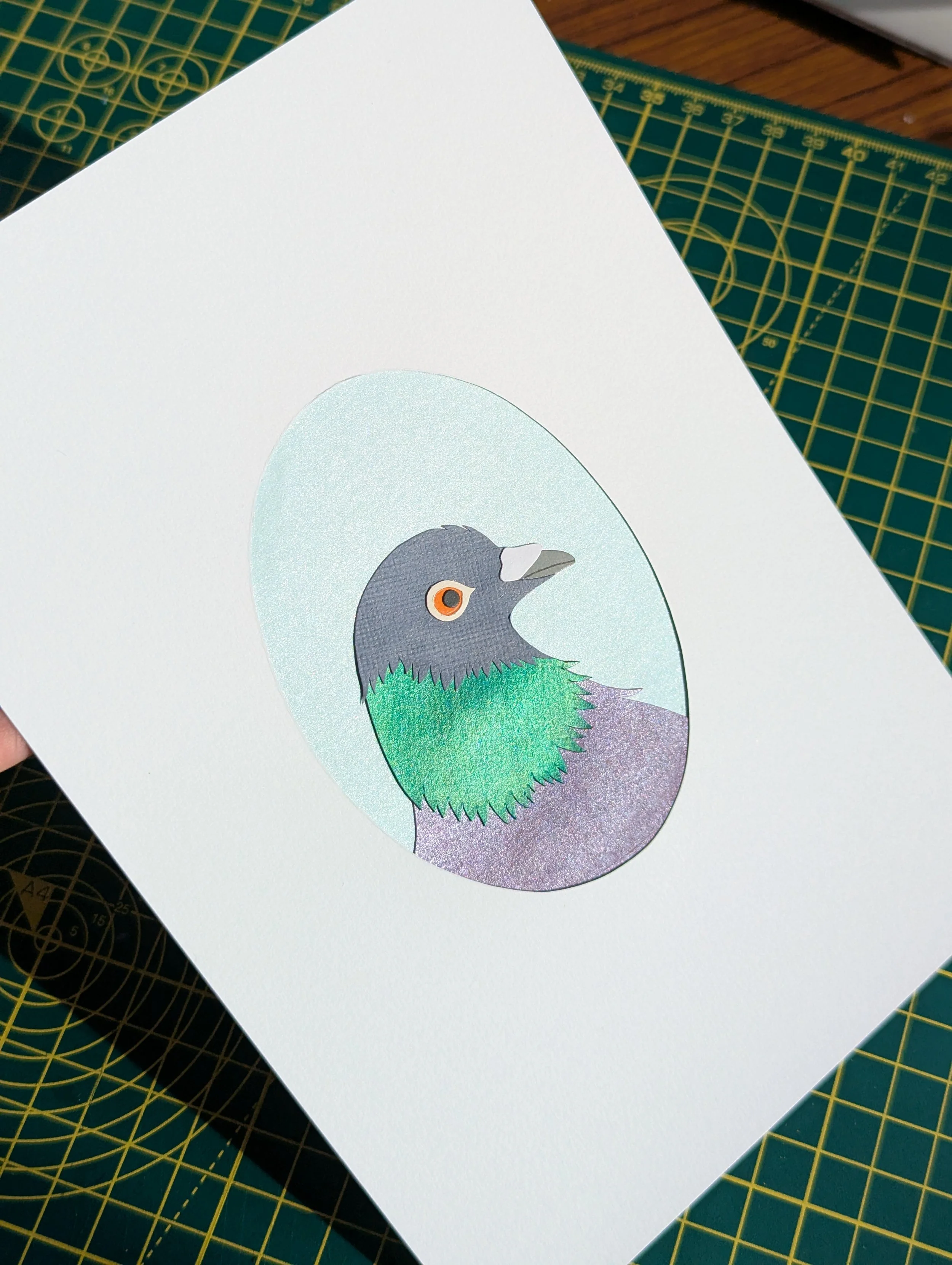Small City Pigeon Iridescent Paper-cut. A5 Unframed Piece