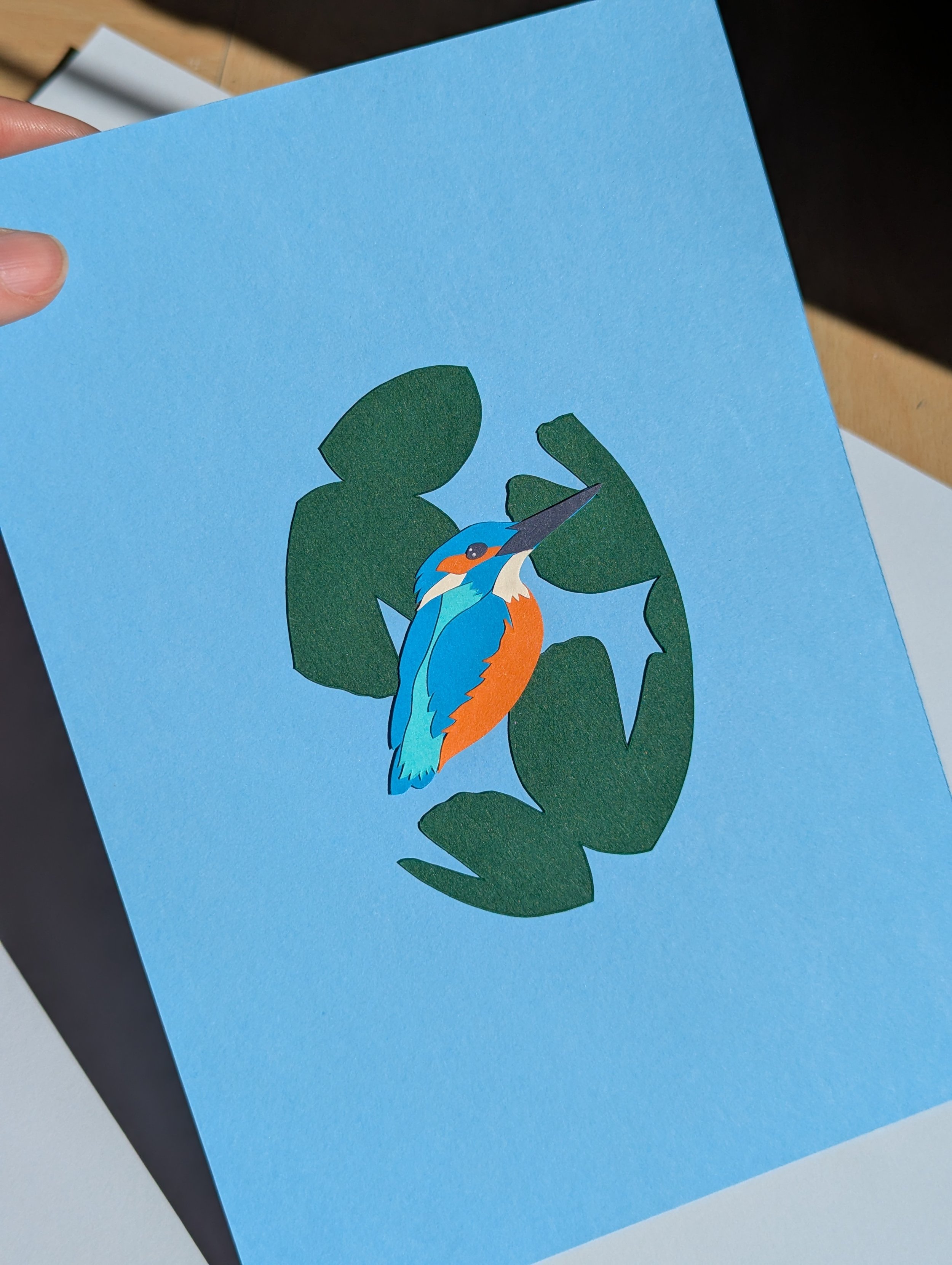 Small Kingfisher and Lily Pad Paper-cut. A5 Unframed Piece.