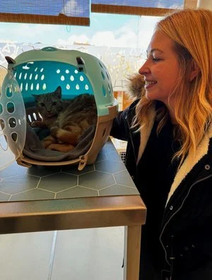 Una mujer rubia mira cariñosamente a un gato dentro de una manta de transporte para mascotas en una mesa moderna.