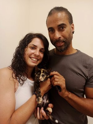 Una pareja con un gato tortie en un ambiente interior.