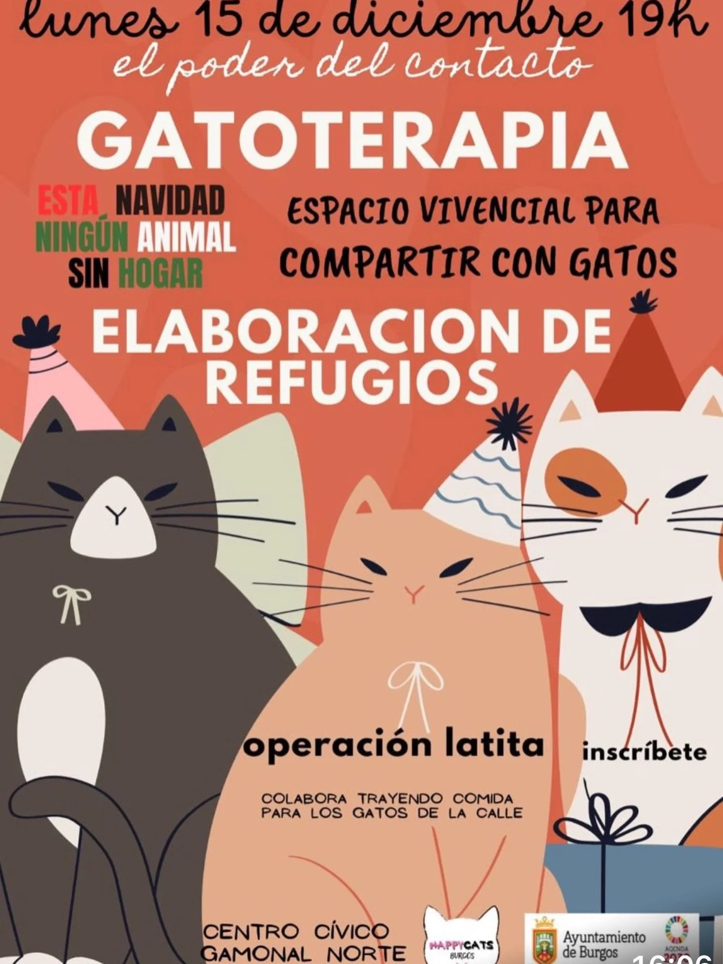 🐾 Gatoterapia: el poder del contacto 🐾

📍 Centro C&iacute;vico Gamonal Norte
🕡 18:30 h

El lunes d&iacute;a 15, en el Centro C&iacute;vico Gamonal Norte, volvemos con nuestra segunda jornada de gatoterapia.

.

Ser&aacute; un espacio vivencial pa