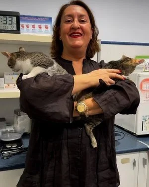 Mujer sonriendo sosteniendo dos gatos callejeros en brazos en una clínica veterinaria.
