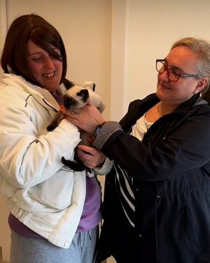 Una mujer y un hombre sosteniendo a un cachorro de perro entre ellos.