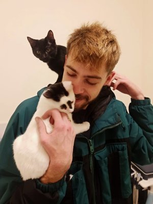 Un joven sosteniendo dos gatos, uno negro y uno blanco con negro, en un ambiente interior.