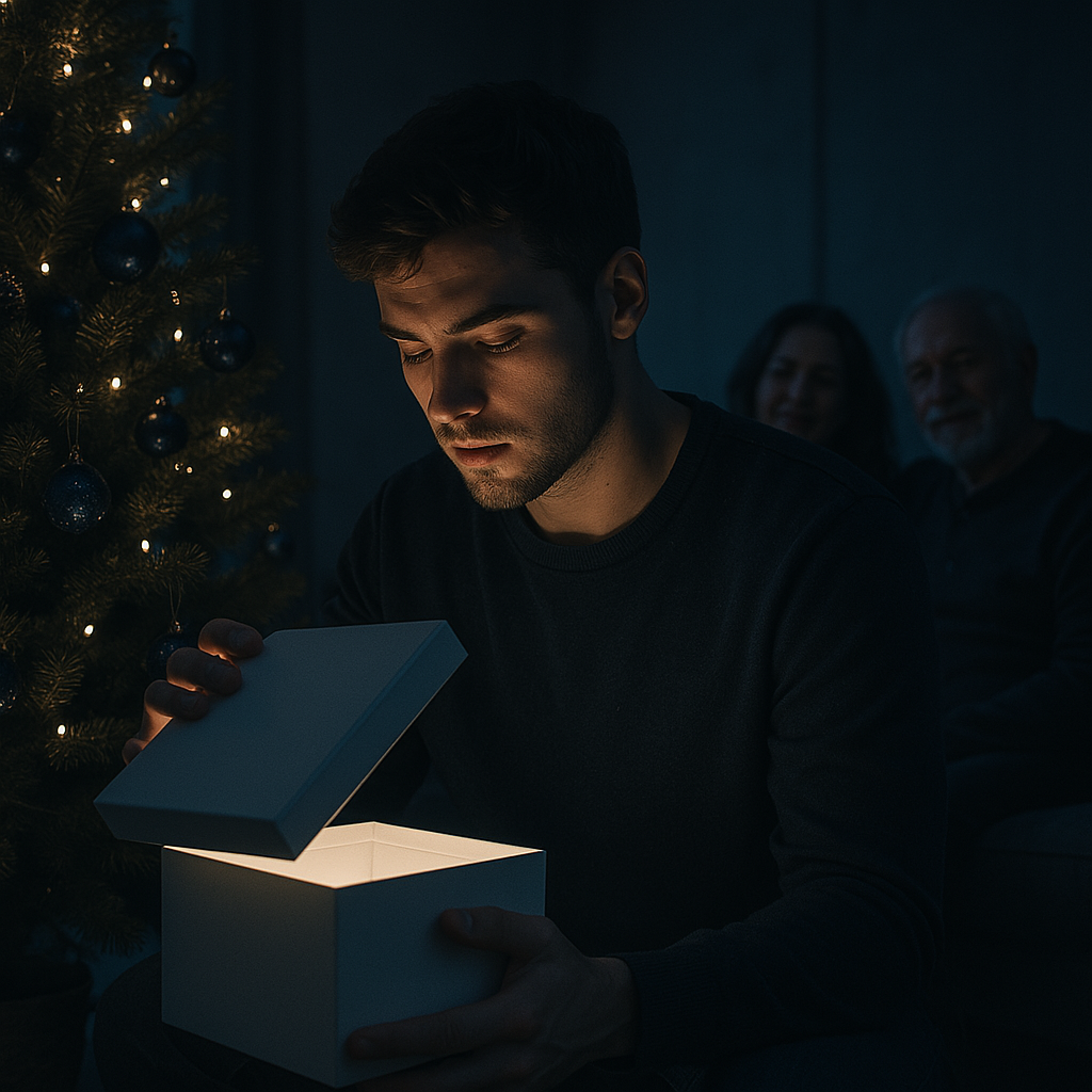 Un jeune homme ouvre une boîte cadeau luminescente lors de la célébration de Noël, avec un arbre décoré en arrière-plan et d'autres personnes souriantes en arrière-plan.