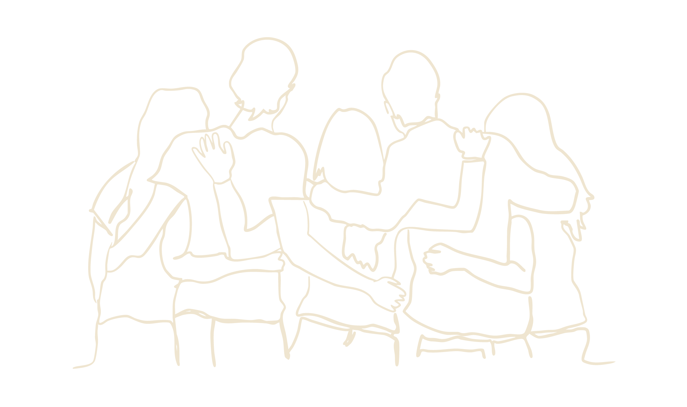 Line art of a group of people gathered together, some engaging with a laptop, in conversation.