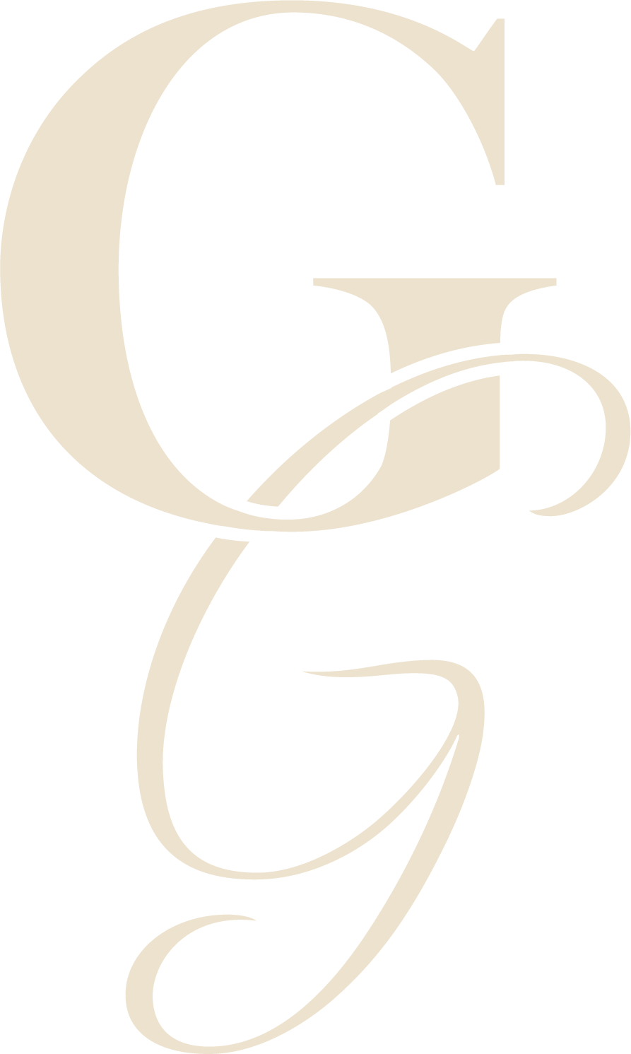 An elegant, stylized letter 'G' in beige with a decorative flourish, set against a black background.