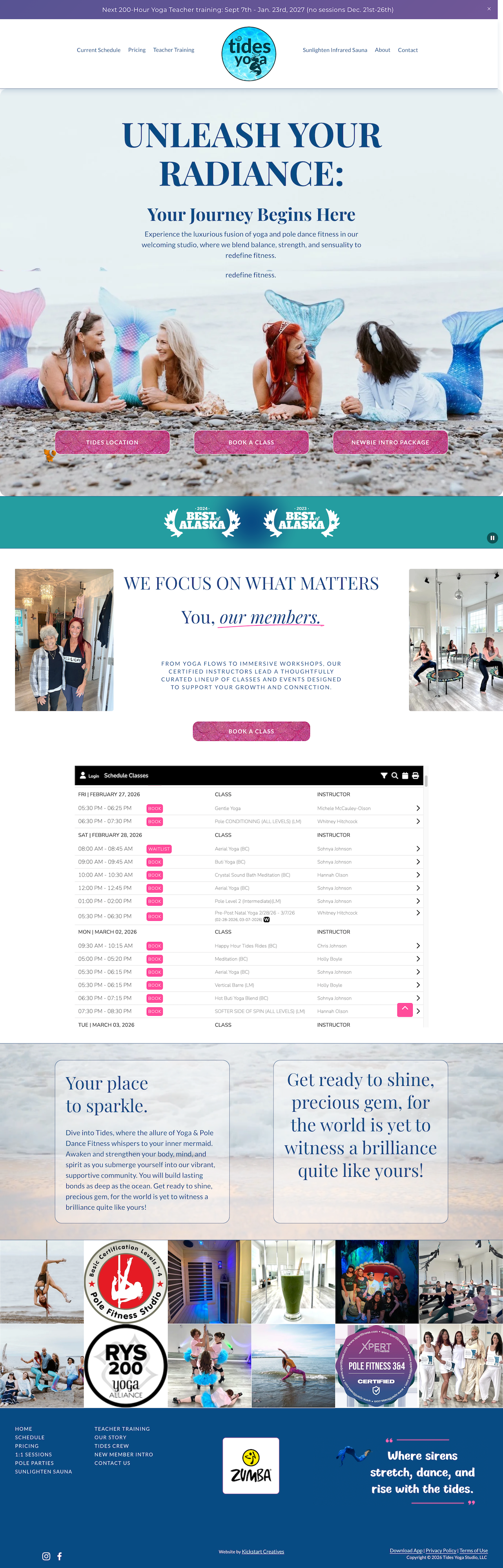 The website's homepage for Tides Yoga features a header with the logo and navigation menu, a large banner with an image of four women with mermaid tails lying on the beach, and bold text promoting yoga and fitness. Below, there are sections detailing class schedules, a testimonial, and motivational messages about unique self-empowerment. The footer includes social media links, a quote, and additional information about classes and certifications.