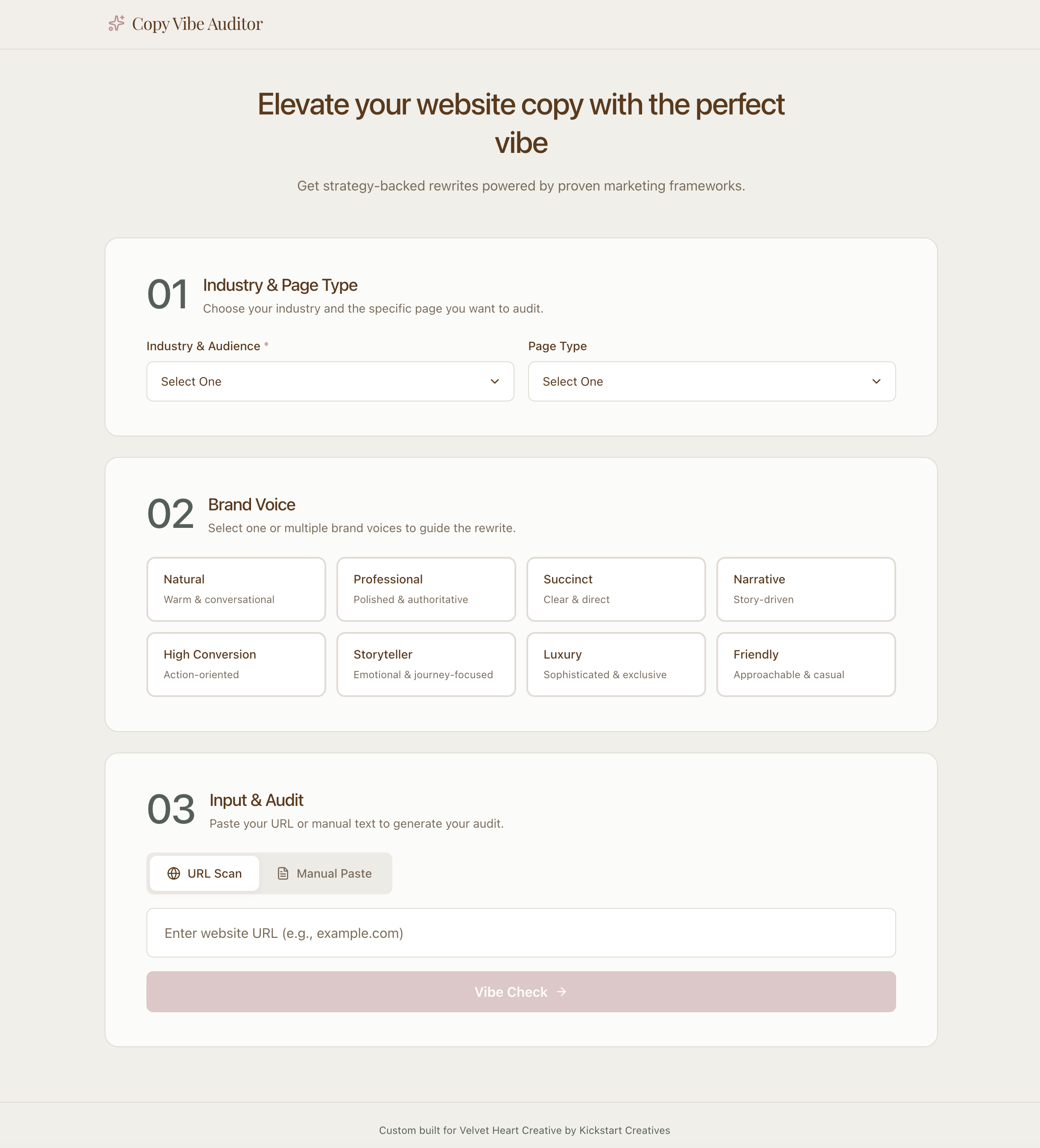 Screenshot of a website page for Copy Vibe Auditor, featuring sections for selecting industry, page type, brand voice, and inputting website URL for content audit service.