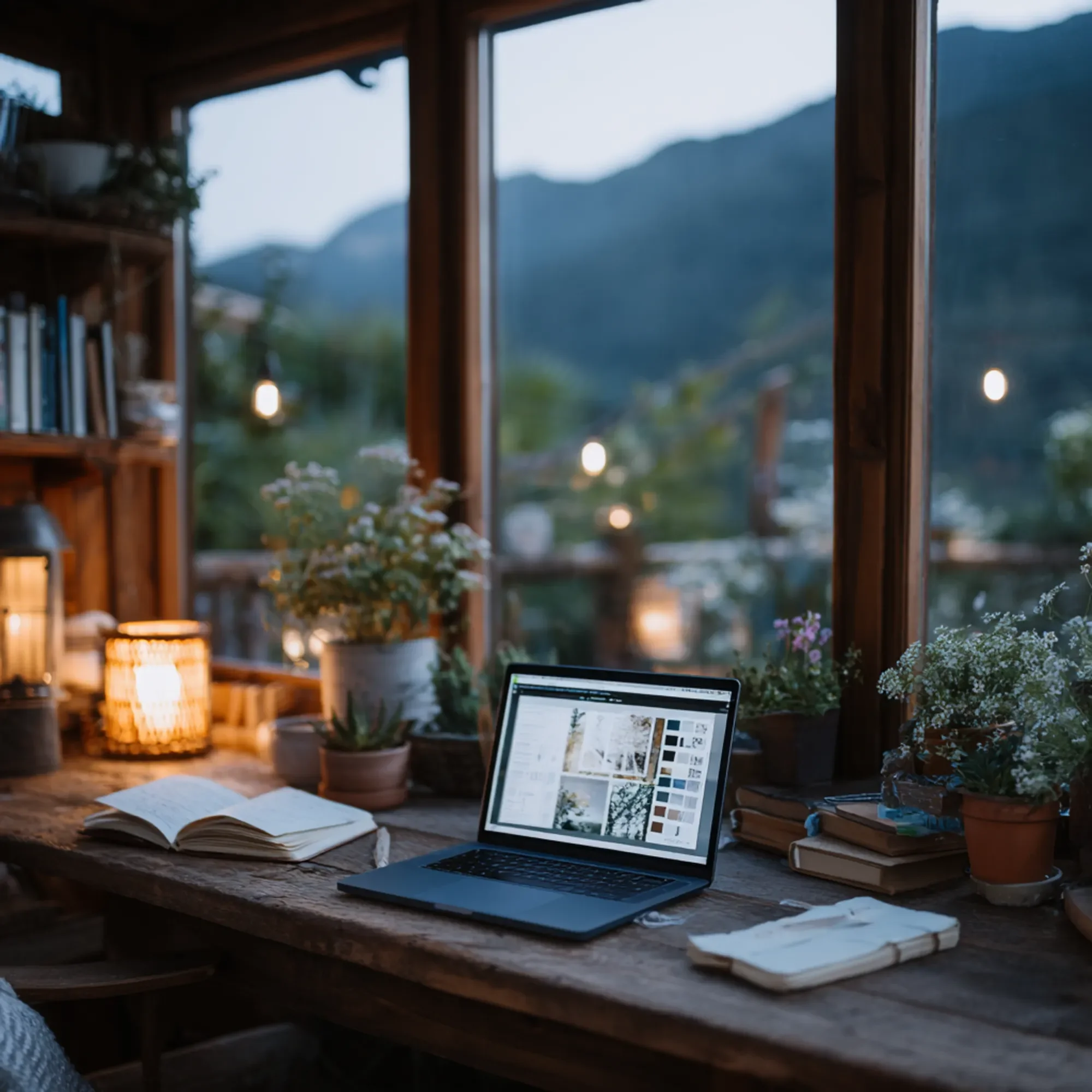Cozy workspace with wooden desk, open book, laptop displaying images, potted plants, books, and warm lighting near a large window showing mountain scenery.