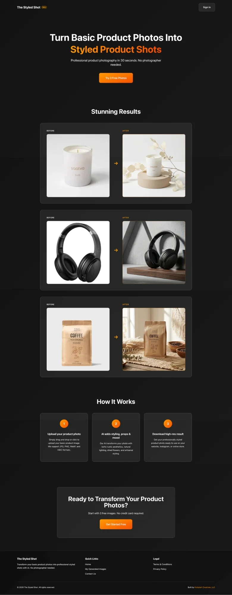 Screenshot of a web app for  AI-driven product photography editing service called The Styled Shot with before and after images of candles, headphones, and coffee bags, and steps to upload product photos, AI editing, and download finished images.