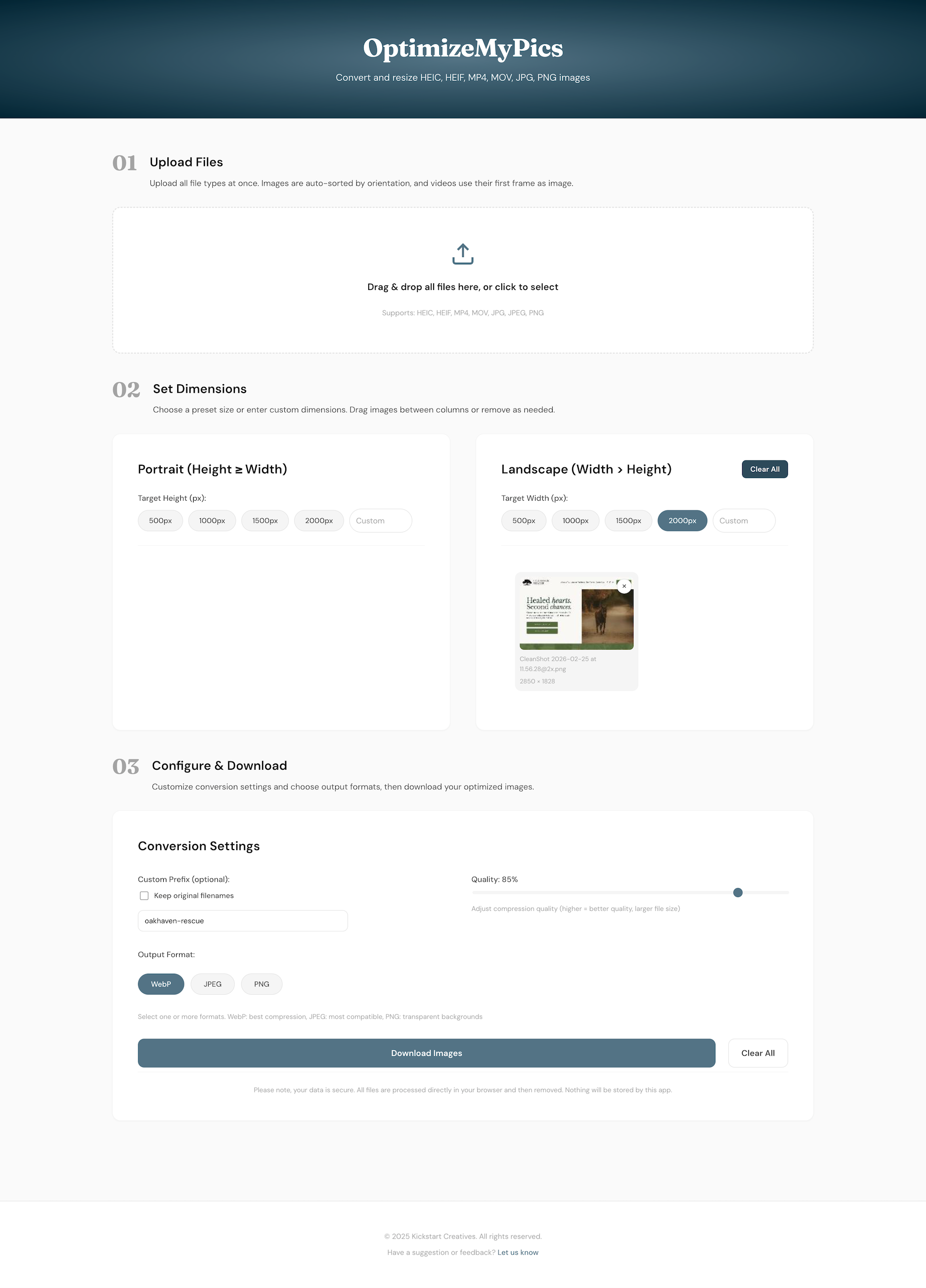 Screenshot of OptimizeMyPics website interface for uploading, resizing, and converting images, featuring sections for file uploads, dimensions settings, and download options.