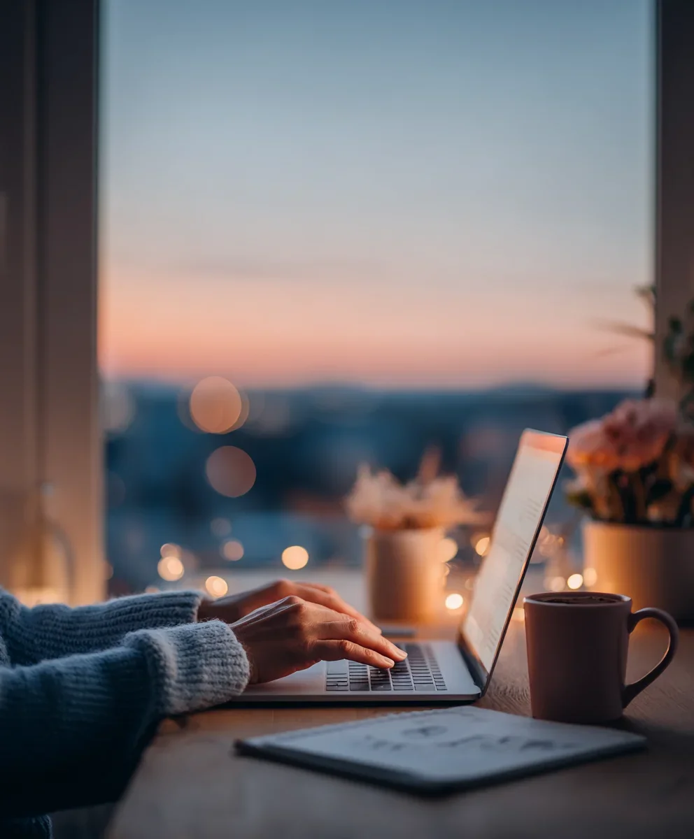 Person working on a laptop at a desk near a window during sunset, with a coffee mug and notebook nearby.