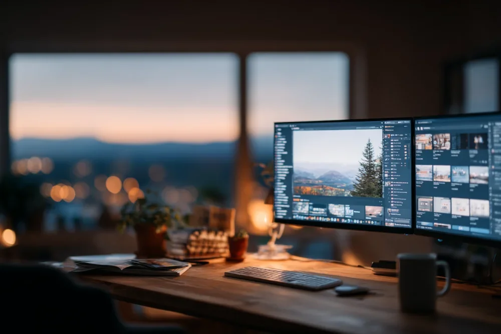 computer on desk in cozy home office.