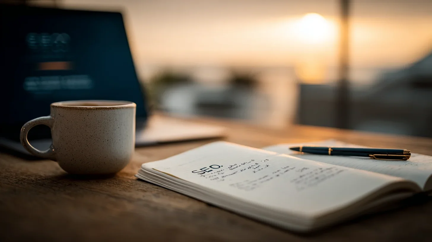 seo-notes-pen-coffee-sunset