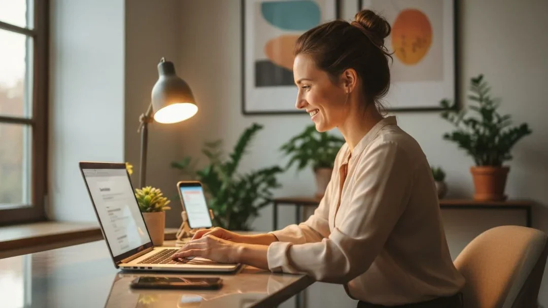 A confident small business owner at a modern desk with laptop and phone, smiling while rapidly replying to a lead inquiry email. Inbox notification visible with blurred screen, warm office lighting, realistic photo in landscape view.