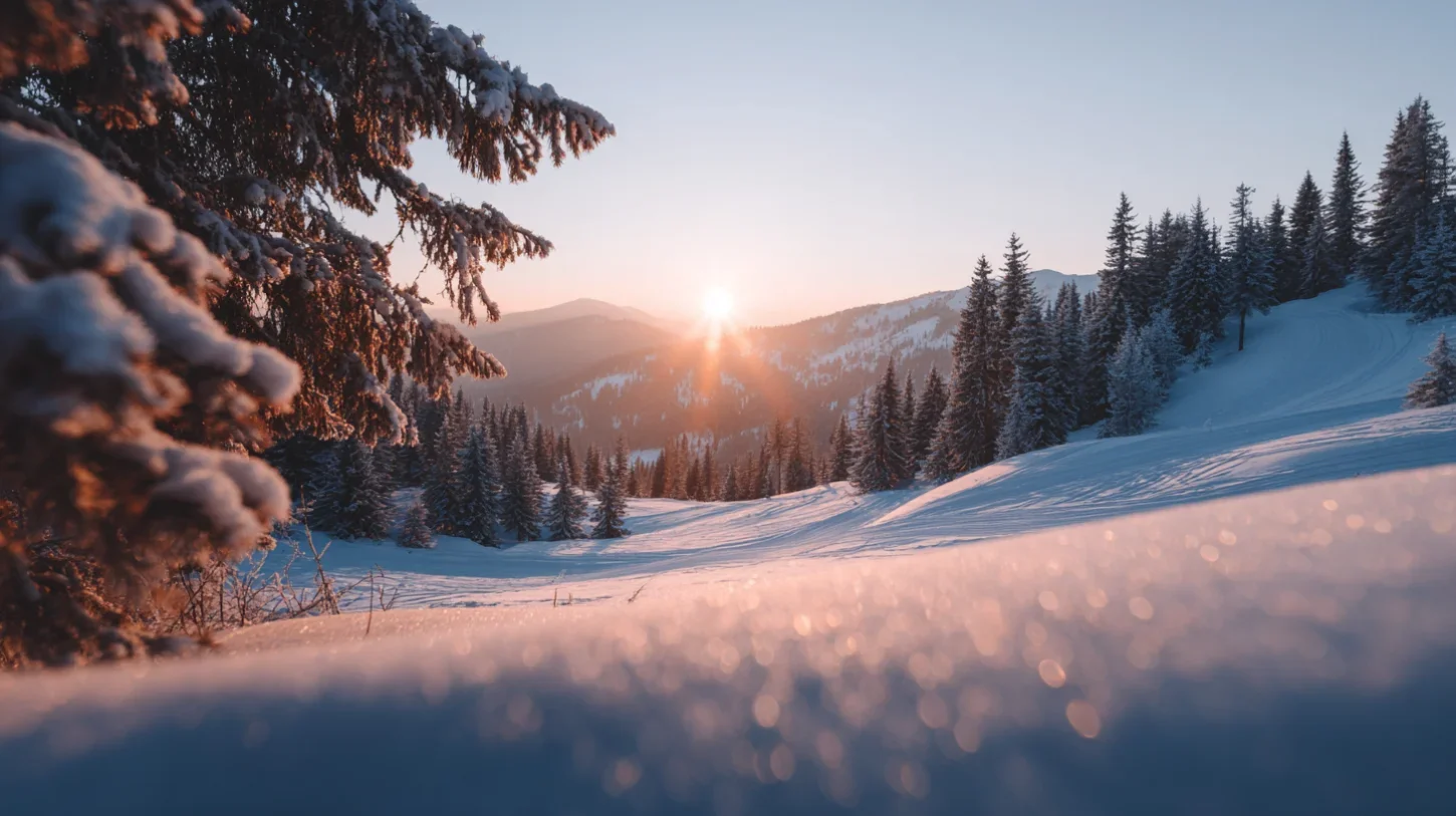 Snow-covered mountain landscape at sunrise, with trees and a clear sky.