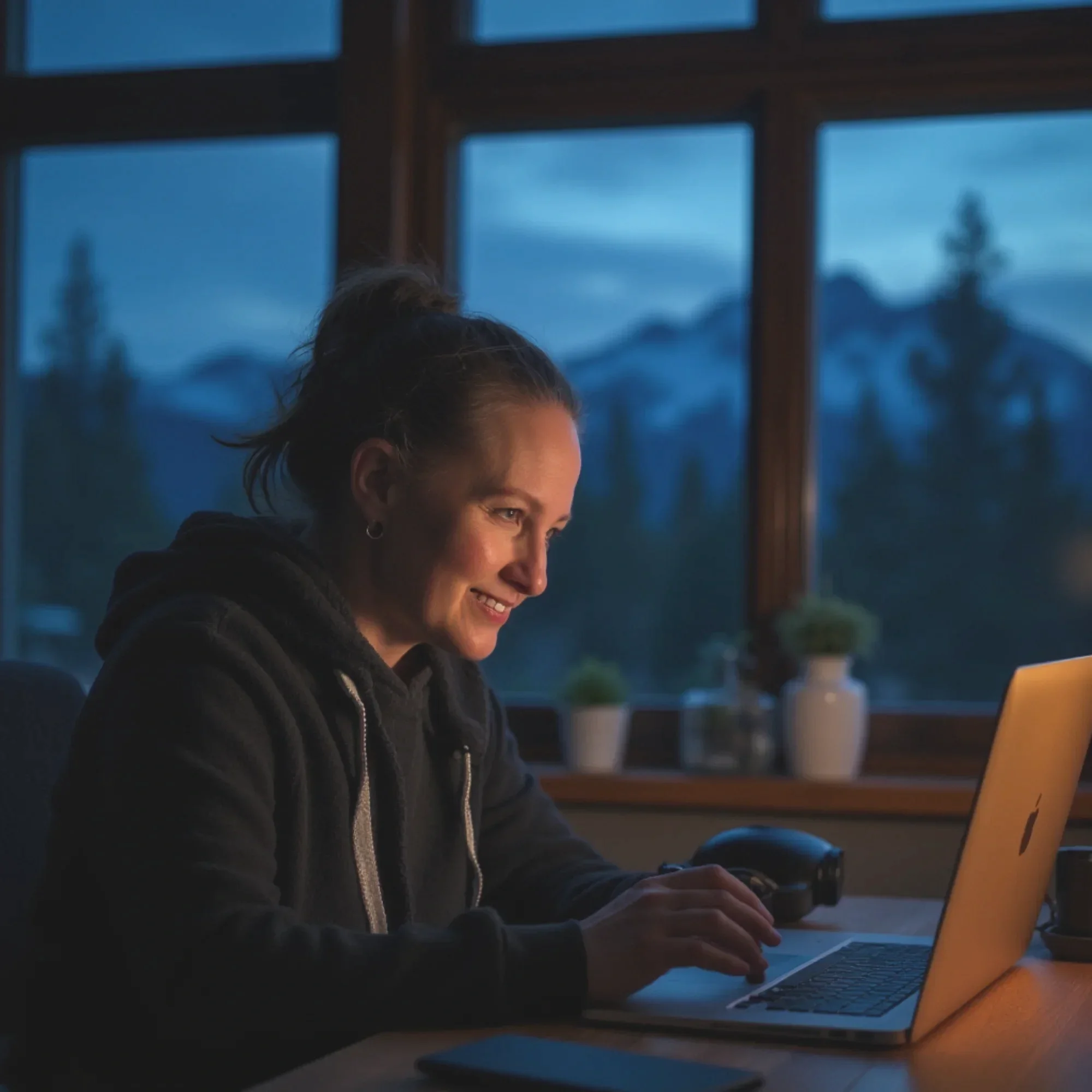 Barb Miller, owner of Kickstart Creatives, sitting at a wooden table, smiling and using a laptop in a cozy room with large windows showing mountains and pine trees at dusk.
