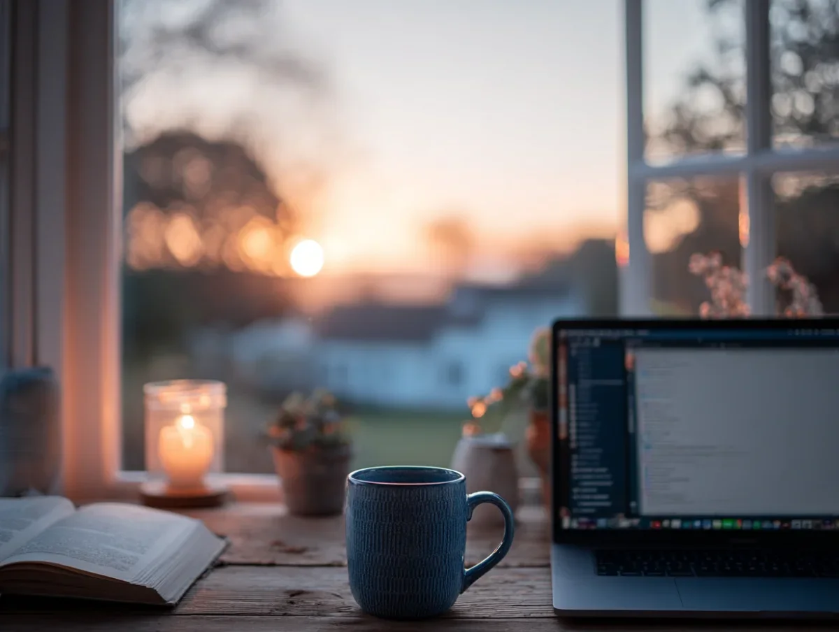 A cozy workspace with an open book, a lit candle in a glass jar, a blue mug, and a laptop on a wooden table by a window showing a sunset outside.