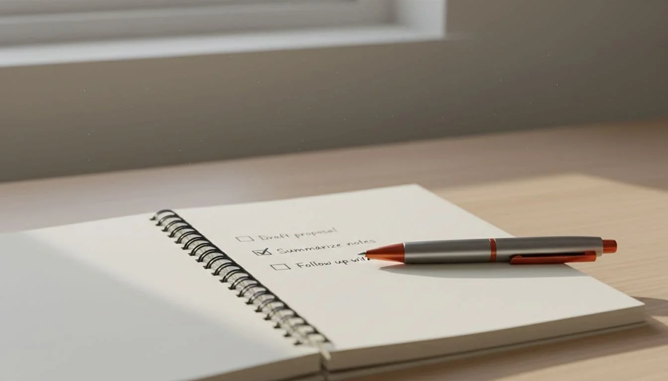Simple notebook open to a short checkbox task list for repeat business tasks, with a pen resting beside it on a light wooden desk in soft morning light.