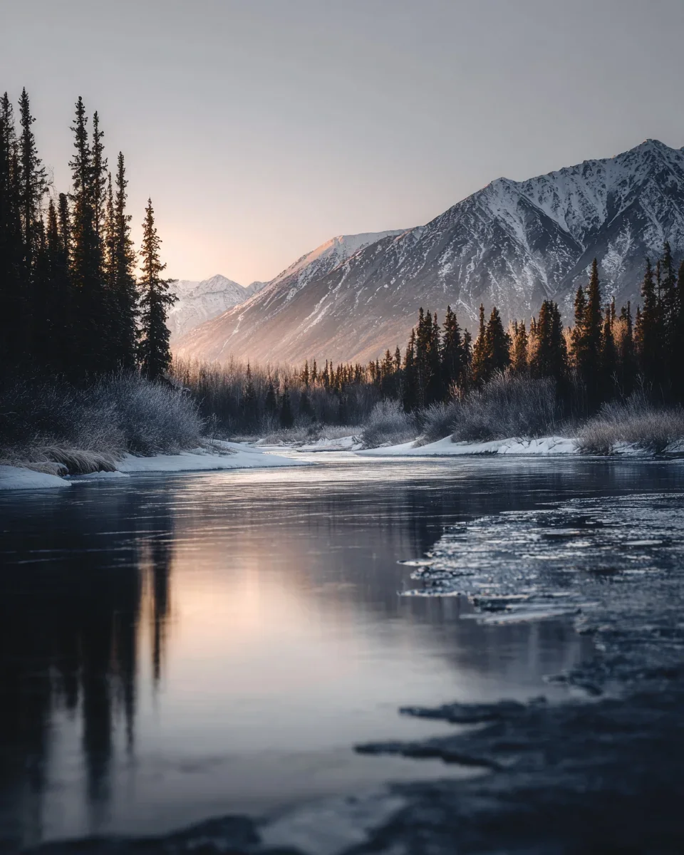 A tranquil river flowing through a snowy landscape with tall evergreen trees and snow-capped mountains in the background, during sunset or sunrise.