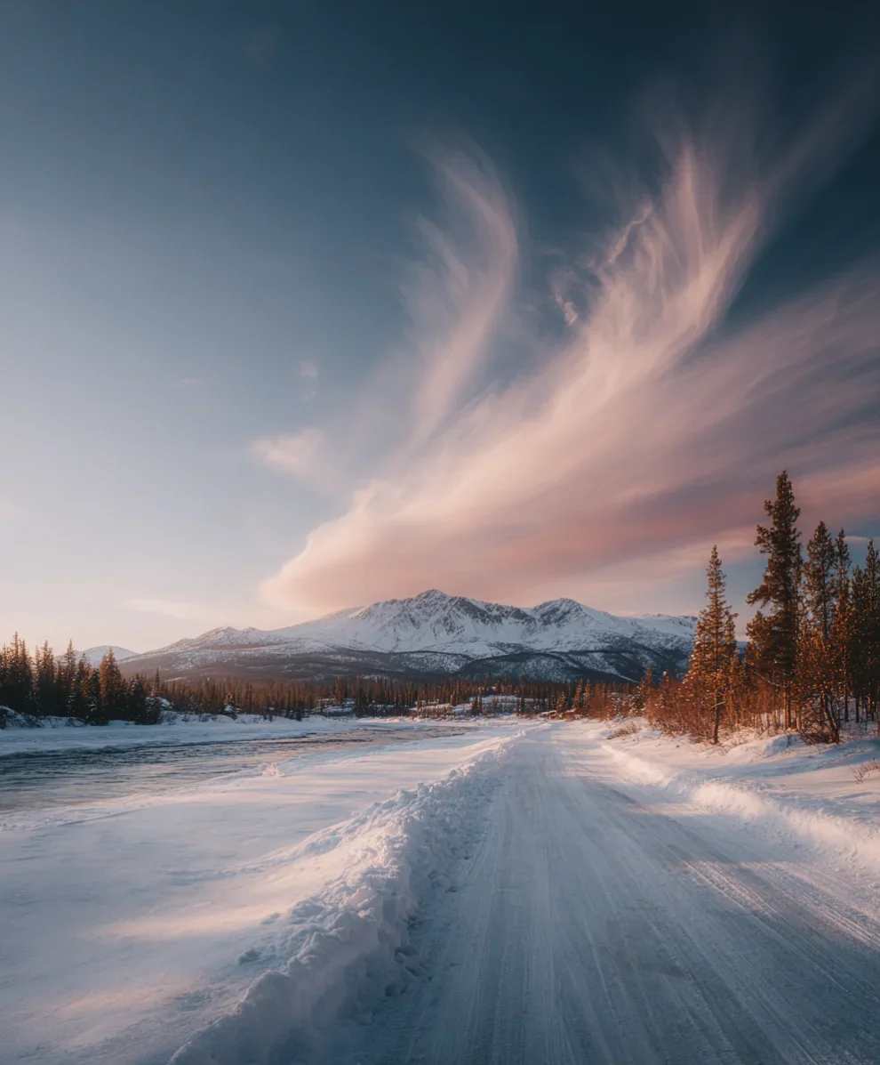 Snow-covered road leading towards snow-capped mountains under a sky with pink and orange clouds at sunset or sunrise.