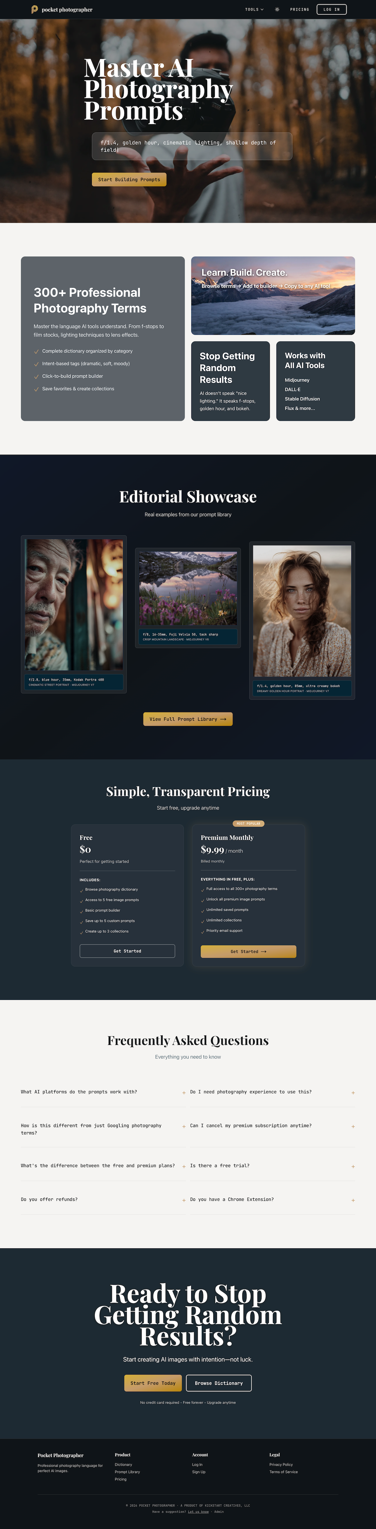 A website homepage for Pocket Photographer, featuring a header with navigation tools, a large main banner with a person pointing a camera, and sections showcasing professional photography terms, a prompt library, prices, FAQs, and a call to action to start creating AI-based photography prompts.