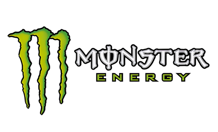 Monsters Energy logo featuring a black background, a gray and green stylized text, and a green claw mark design.