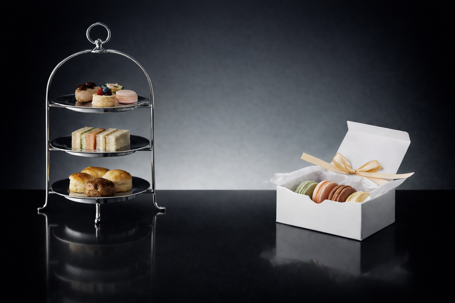 Assorted macarons in a white gift box with a gold ribbon beside a three-tier dessert stand with cookies and sandwiches against a dark background.