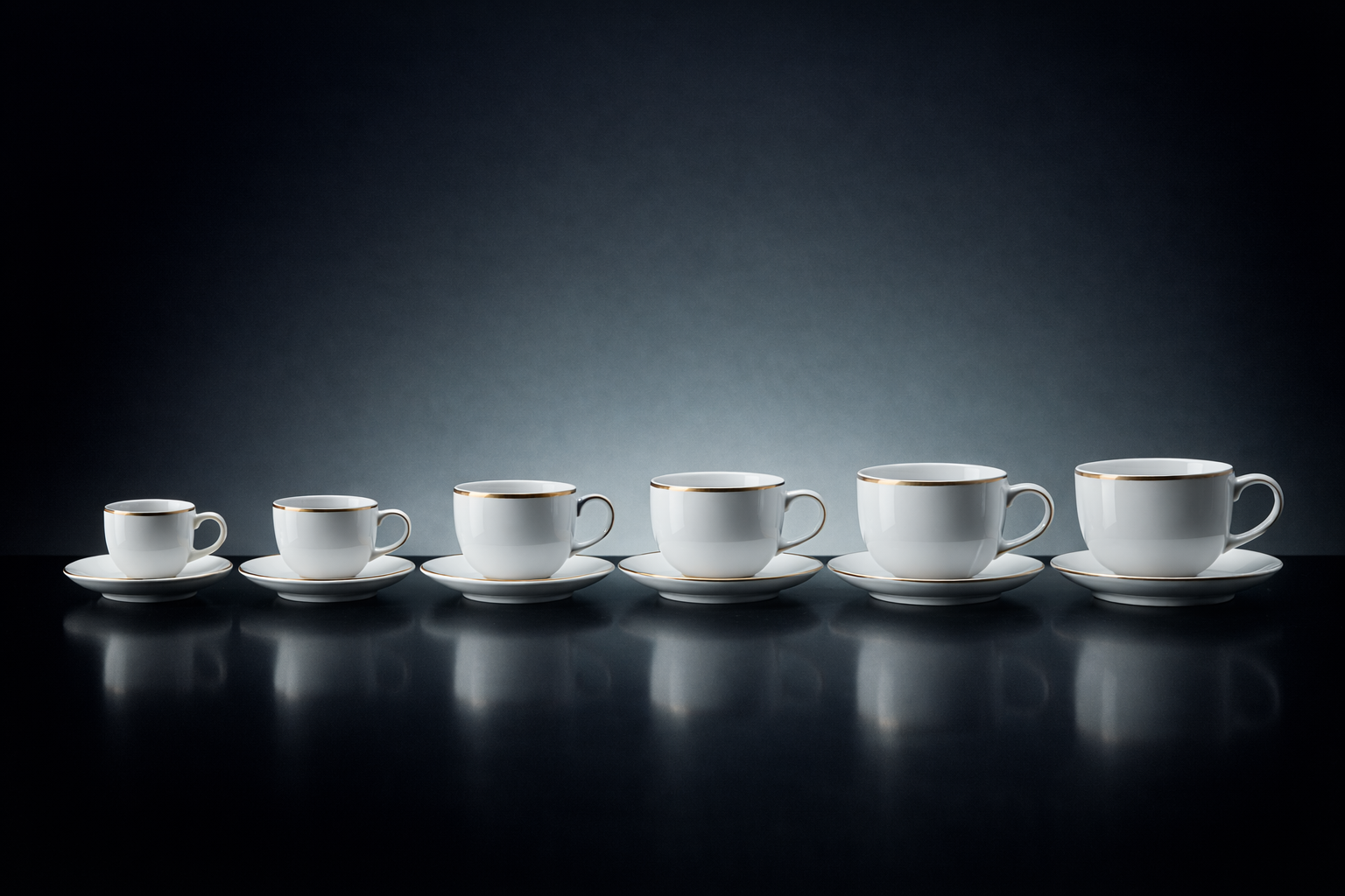 Six white teacups with matching saucers, arranged in a row, decreasing in size from right to left, on a black reflective surface against a dark gradient background.