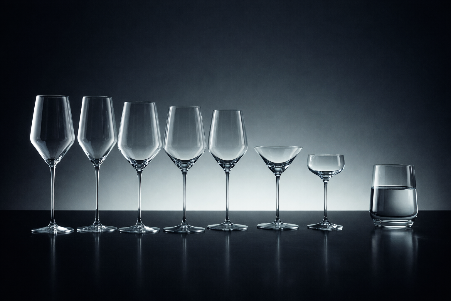 A row of various empty and filled wine glasses and a glass of water, arranged on a dark surface against a gradient dark background.