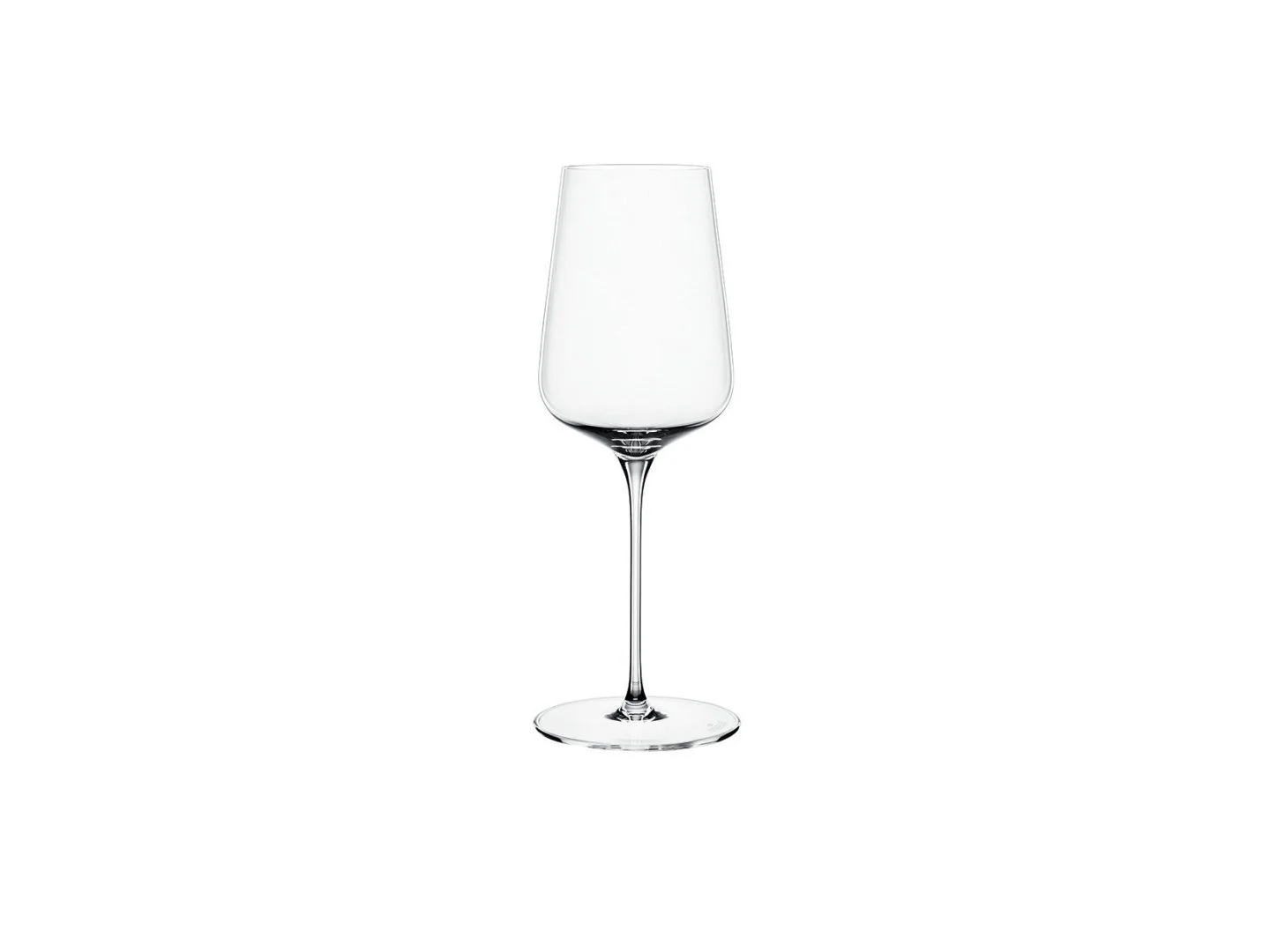 A clear, tall champagne flute with a thin stem and a wide base, empty and set against a plain white background.