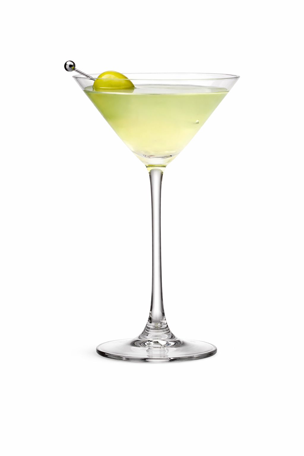 A classic martini glass filled with a light green olive martini garnished with a green olive on a cocktail pick, set against a white background.