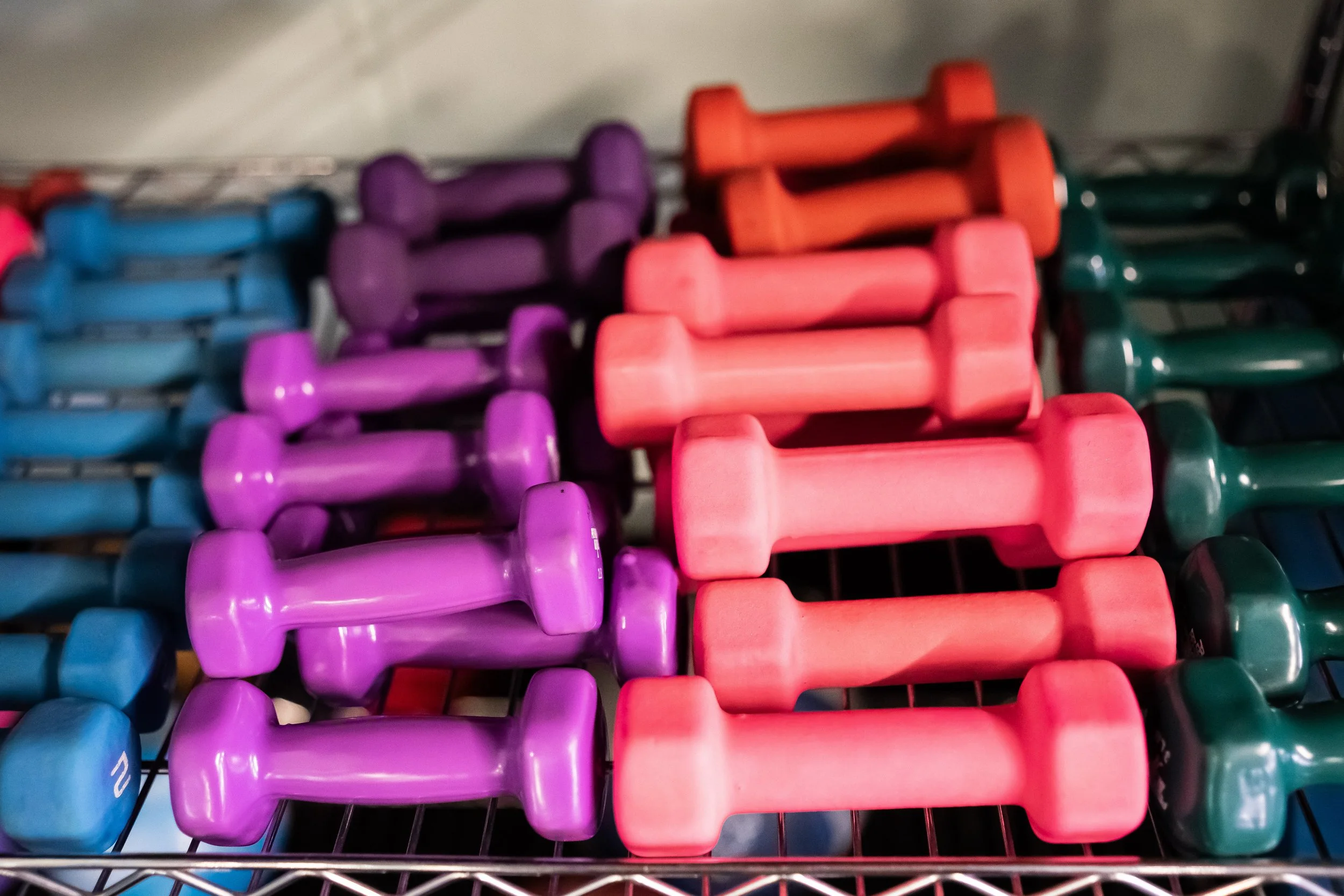 Colorful dumbbells stacked on a metal rack.