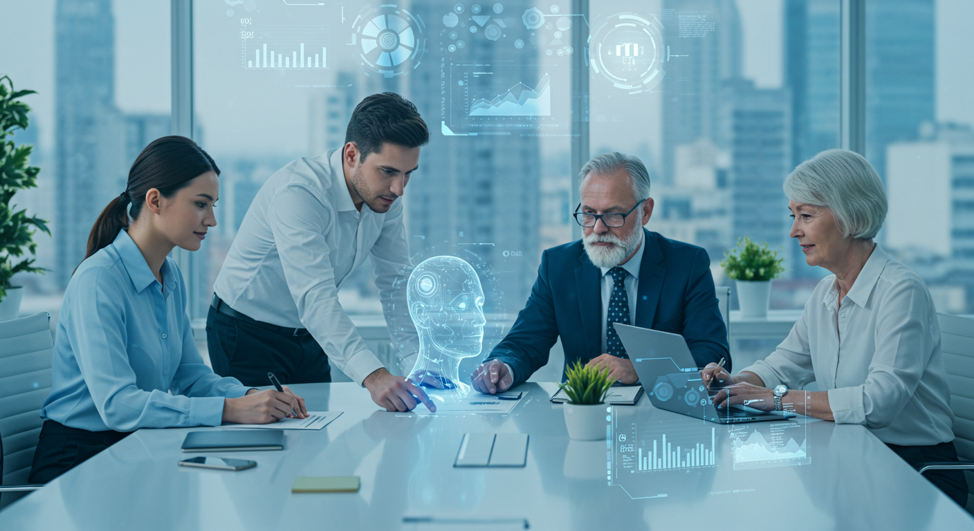 Business team of four individuals in a modern conference room analyzing holographic data visualizations, including a holographic human head and charts, with cityscape visible through the windows.