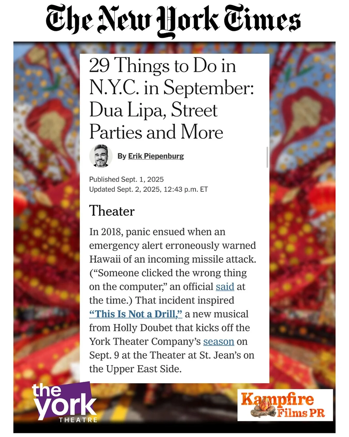 Two @nytimes features in two days 🎉👏 Thank you Erik Piepenburg for including @yorktheatre Theatre Company&rsquo;s upcoming show, This Is Not A Drill.

#kampfireupyouraudiences #nyt