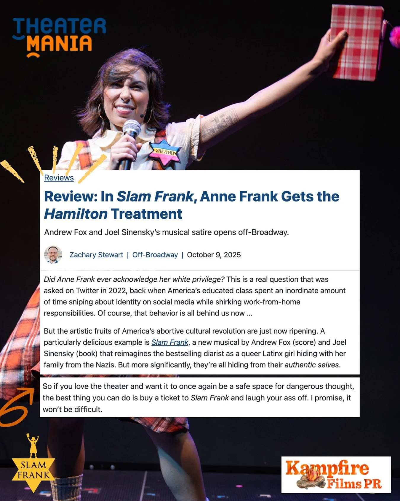&ldquo;So if you love the theater and want it to once again be a safe space for dangerous thought, the best thing you can do is buy a ticket to Slam Frank and laugh your ass off. I promise, it won&rsquo;t be difficult.&rdquo;

Thank you @theatermania