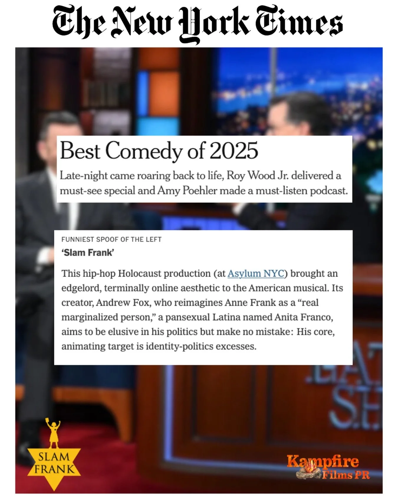 &ldquo;Funniest Spoof of the Left.&rdquo;
The @nytimes declared it so it must be true. Thank you @zinomanj 

@slamfrankmusical skewers identity-politics excesses with fearless satire and an unapologetically sharp edge.

Must close December 28 at Asyl