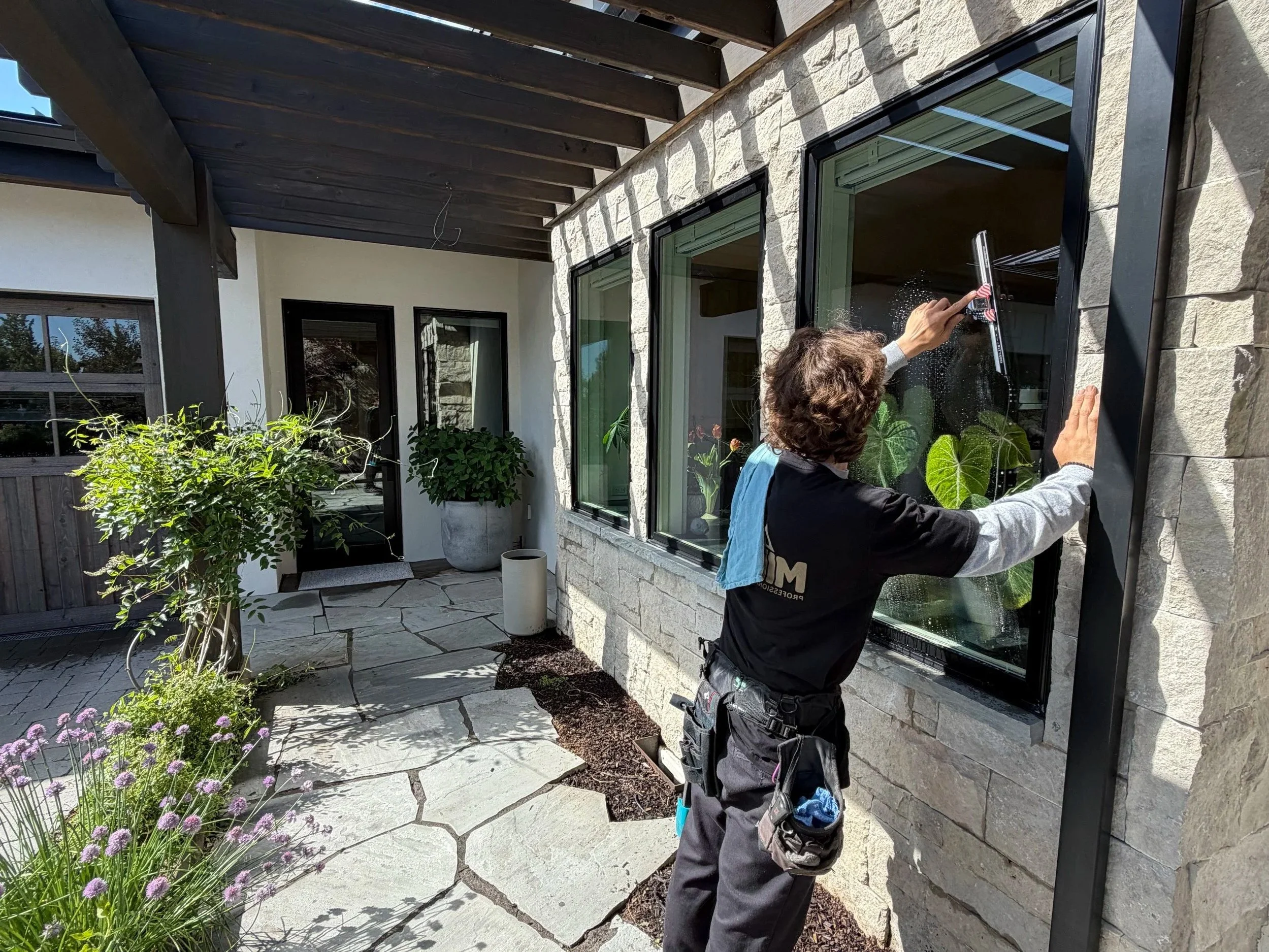 A person cleaning a large window on a house exterior, surrounded by a garden with flowering plants and potted plants.