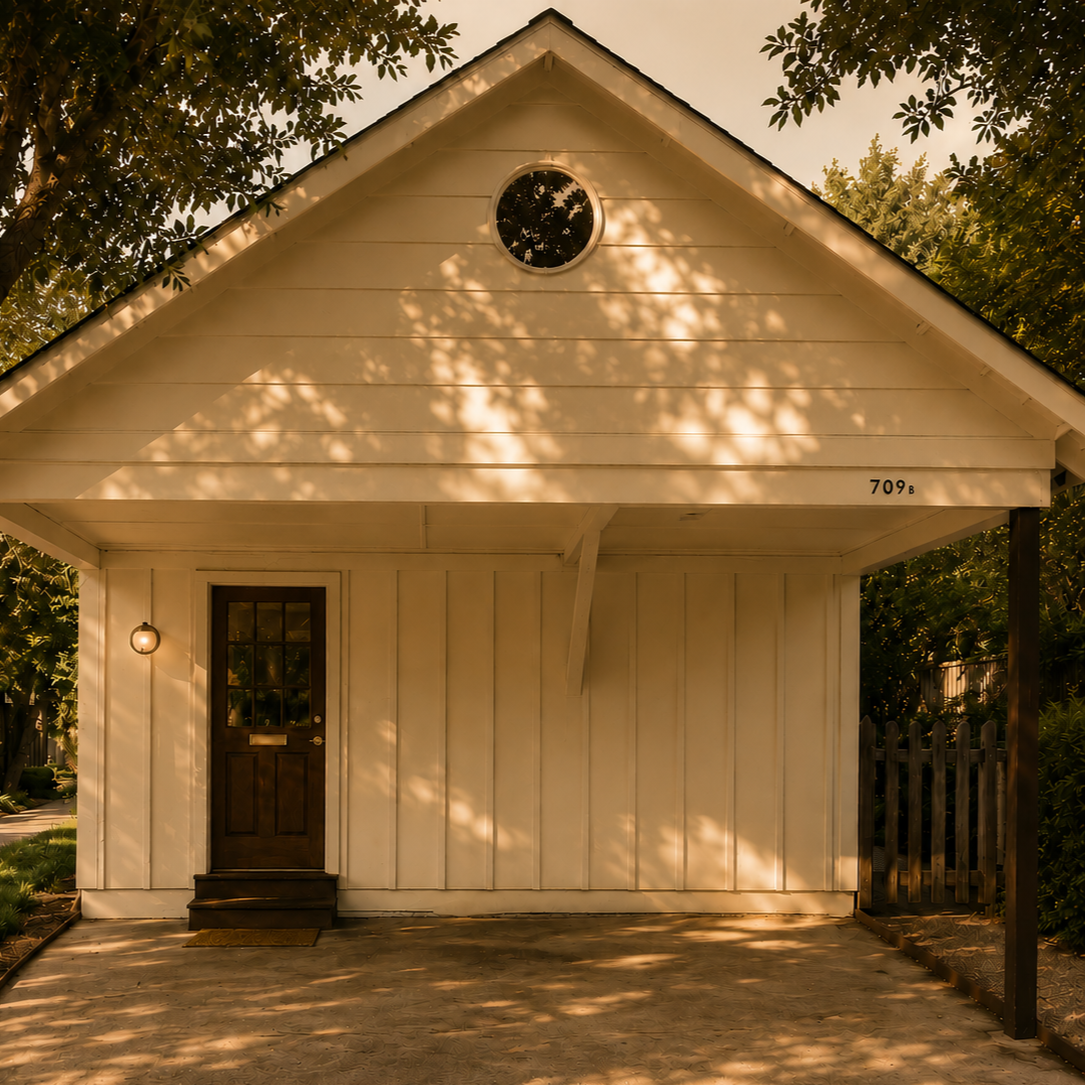 Front of a white house with a dark wooden door, small steps, a porch light, and the number 709B. The house has a triangular roof with a small circular window and trees casting shadows on it.