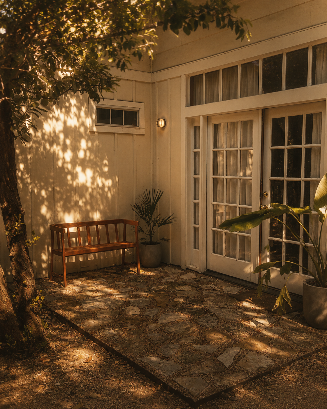 A cozy outdoor patio area with a wooden bench, potted plants, and stone flooring, illuminated by warm sunlight and shadows from a nearby tree.
