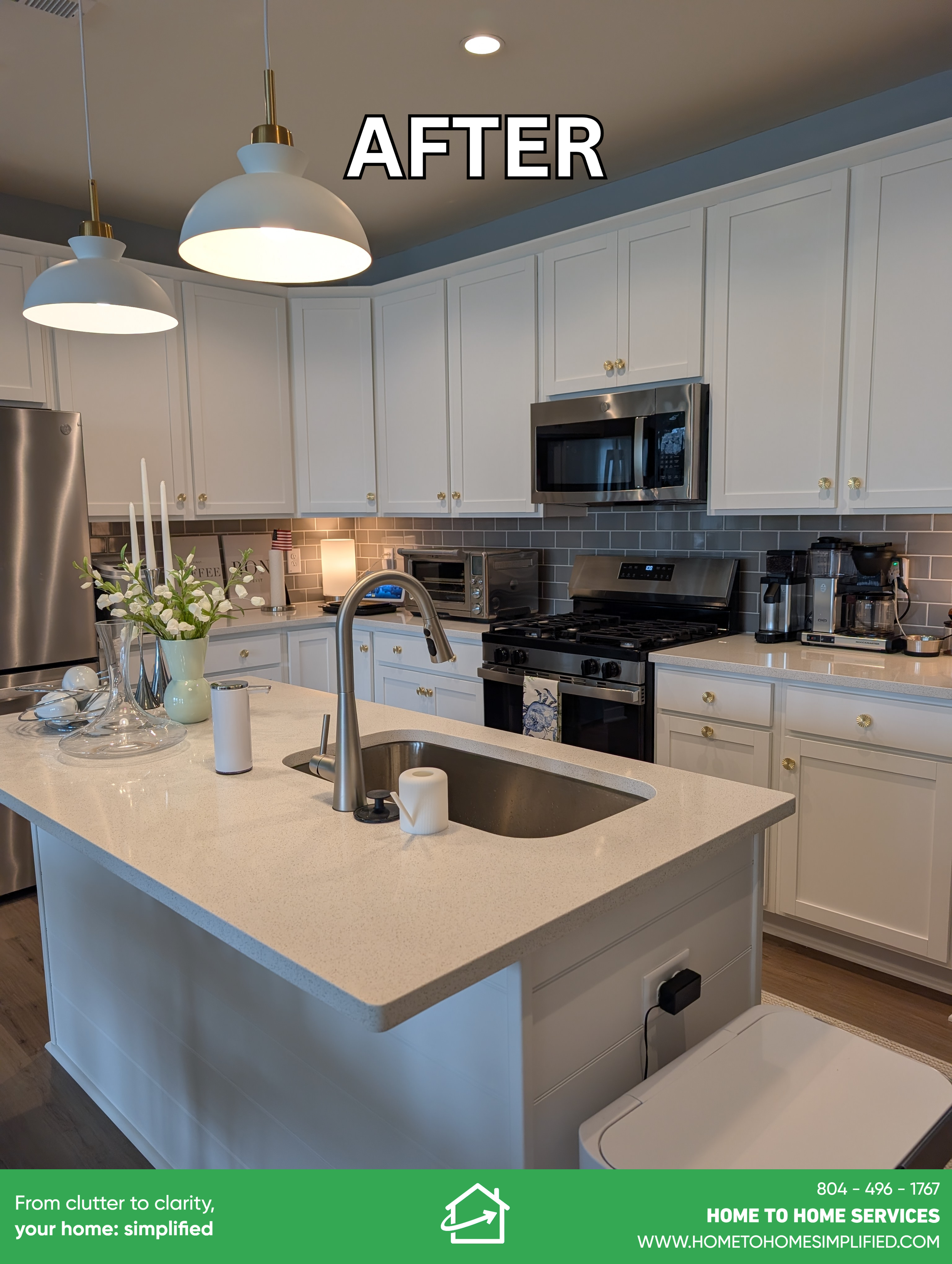 With the clutter cleared, Sloane's kitchen finally gets to speak for itself. The quartz island is clean and open, a fresh flower arrangement is the only thing on the counter, and every surface feels intentional. The medicine cart has been relocated a