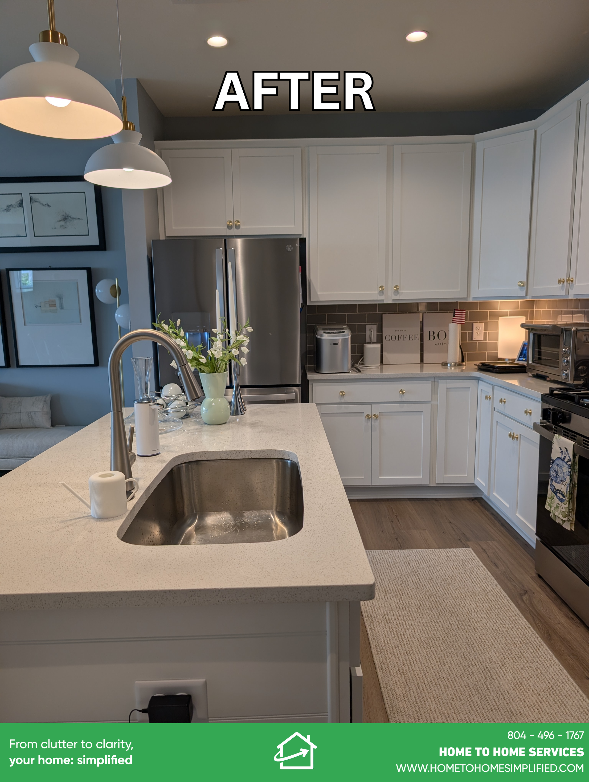 From this angle, the full transformation is unmistakable. Counters along the backsplash are neat and functional — appliances in their place, nothing left out that doesn't belong. The kitchen now feels like the calm, welcoming heart of the home it was
