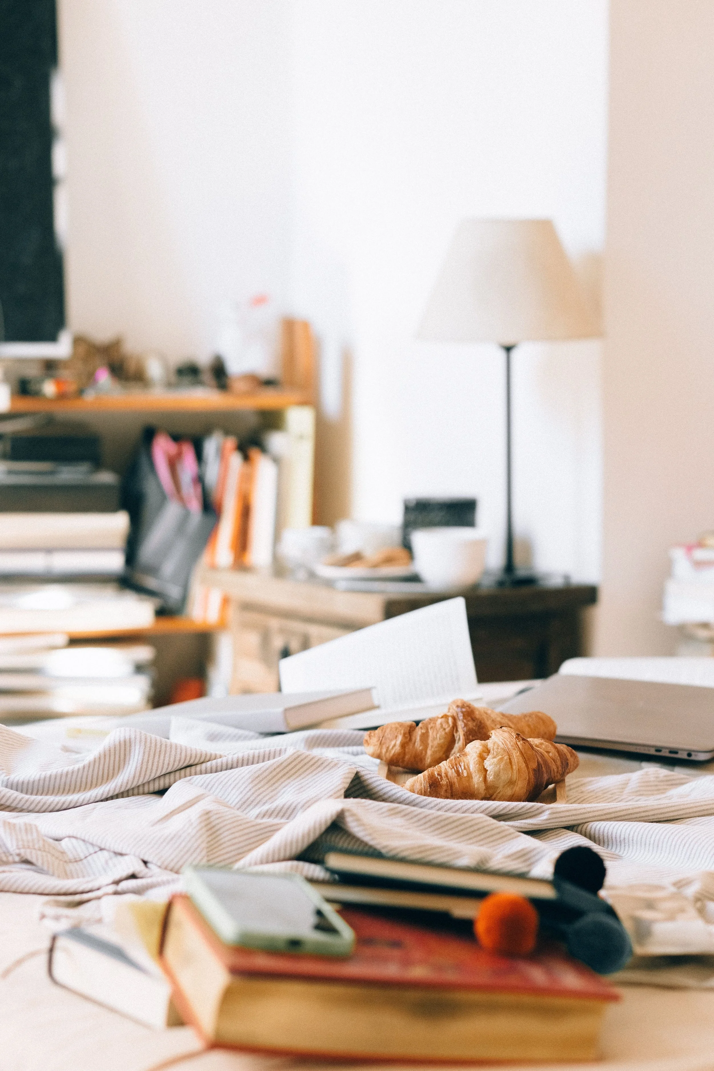 A cluttered room with books, clothing, a laptop, phone, and food piled across a surface with disorganized shelves in the background — representing the before state that Home to Home Services professional decluttering transforms in Richmond, VA