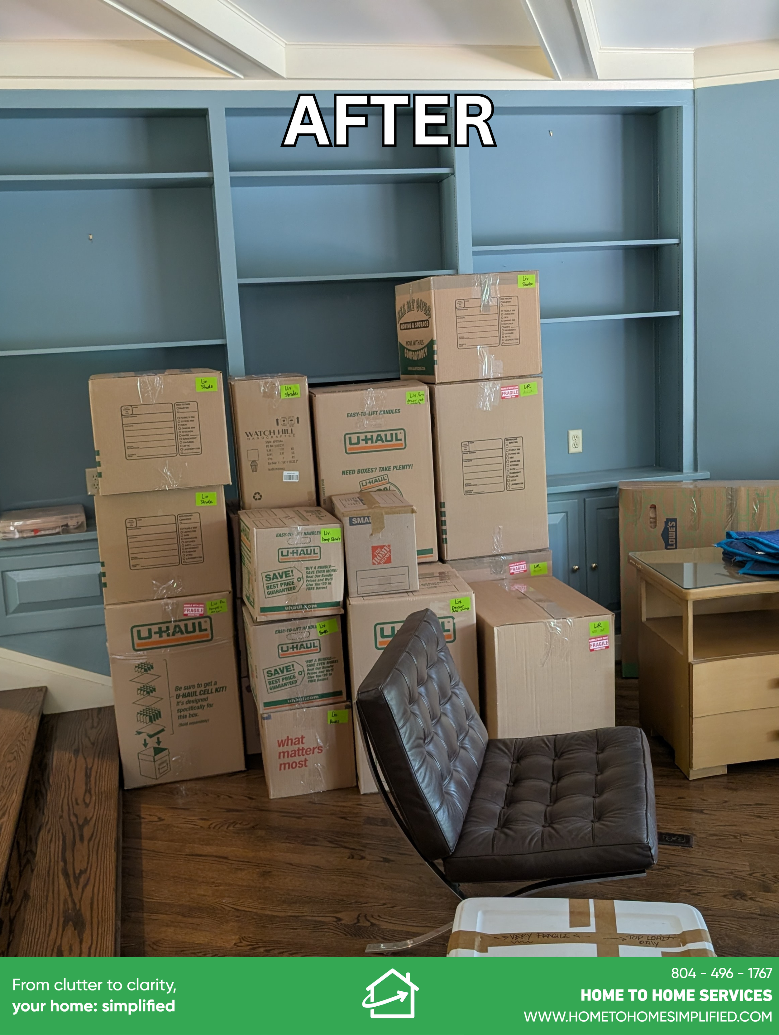 The same room that once held a carefully curated collection now stands completely empty — shelves bare, floors clear, and every precious item wrapped and boxed with care. Stacks of labeled U-Haul and Olympia boxes line the room floor to ceiling, orga