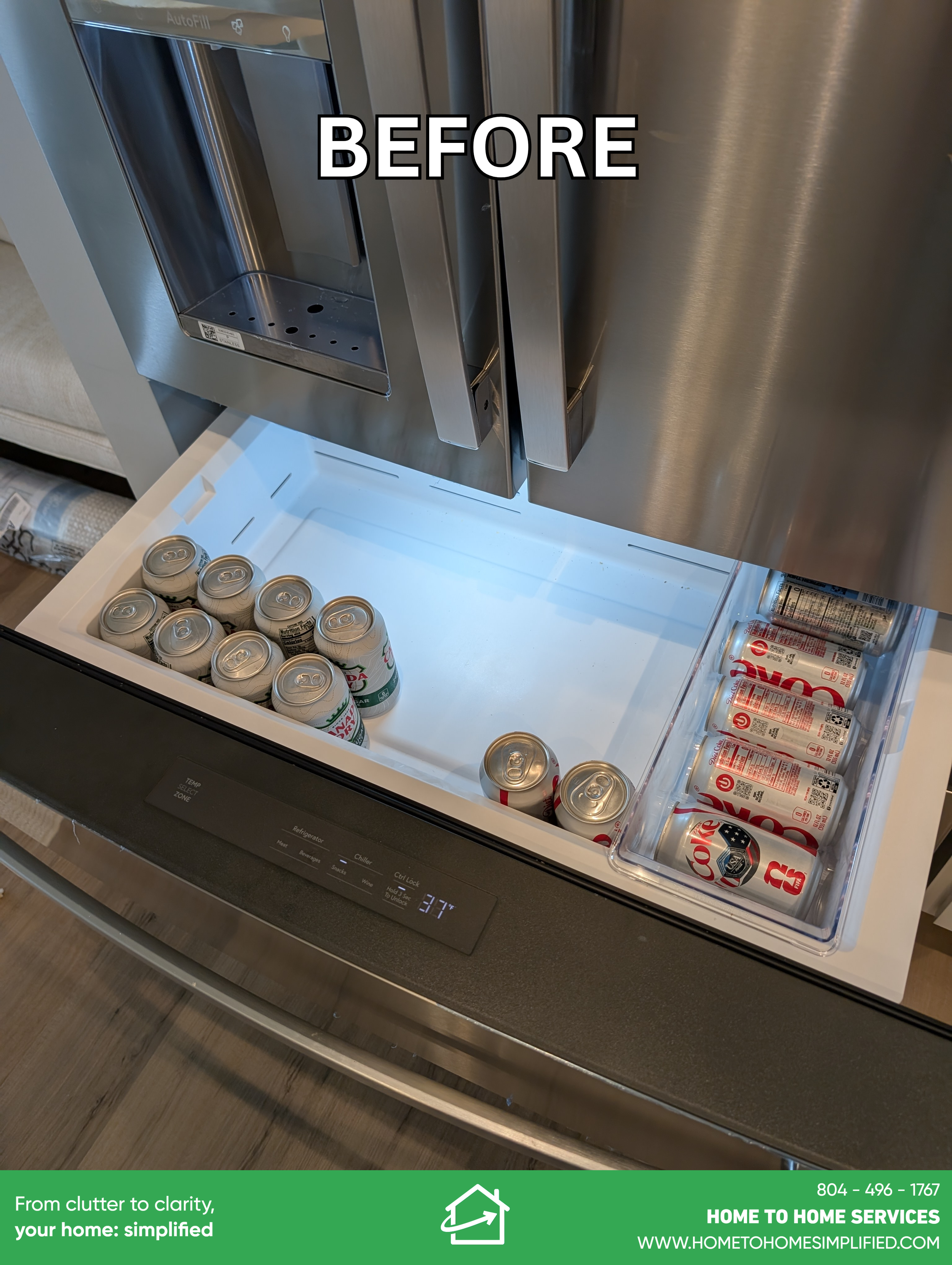 The beverage drawer had a few cans scattered loosely with no system — mostly empty space that wasn't being used efficiently. Different drink types were mixed together with no clear organization, making it hard to see what was available at a glance.