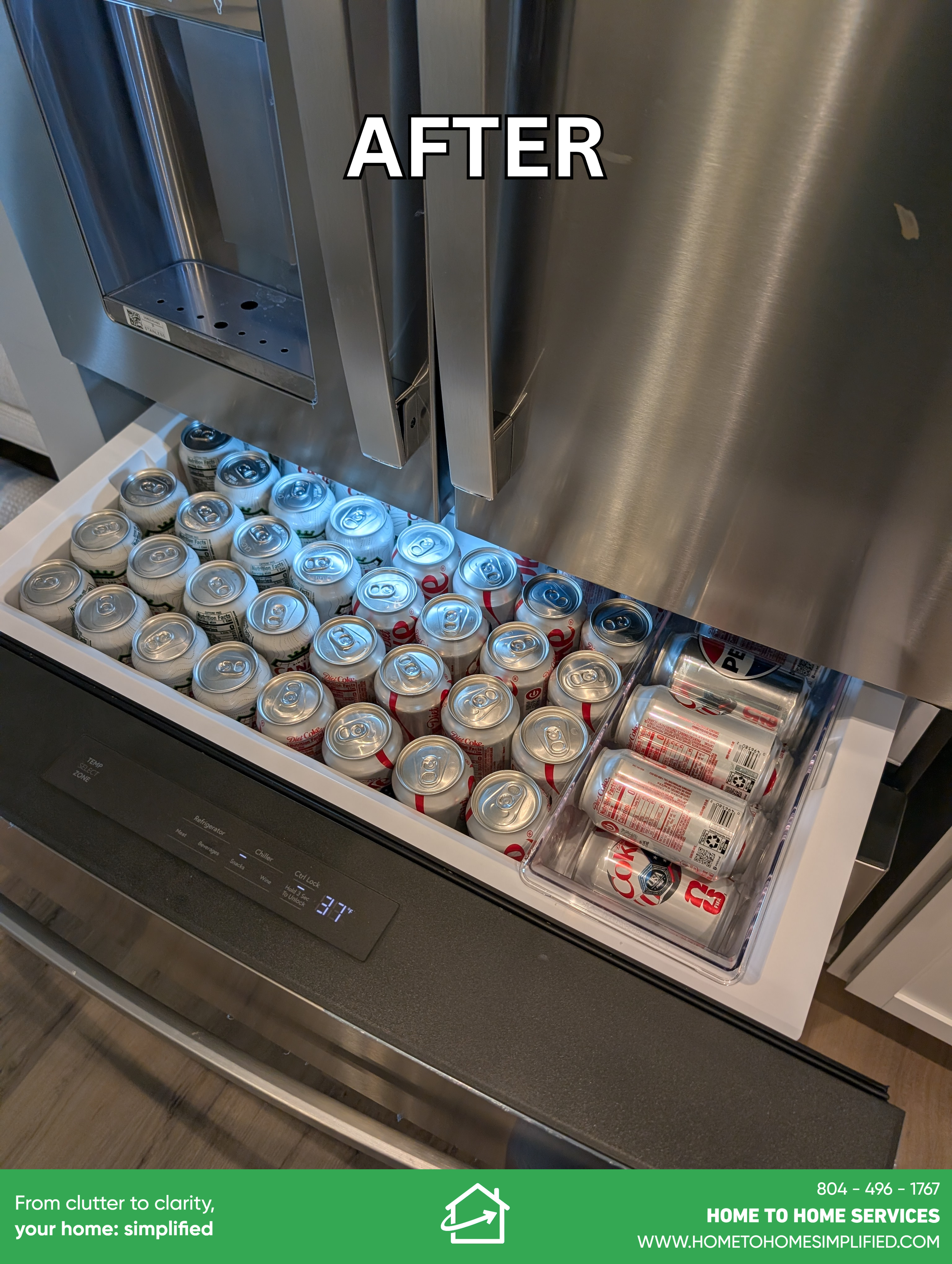 The beverage drawer went from scattered to fully stocked and sorted. Cans are now standing upright, organized by type in neat rows across the entire drawer — sparkling water, sodas, and Diet Coke each in their own zone. Opening this drawer now tells 