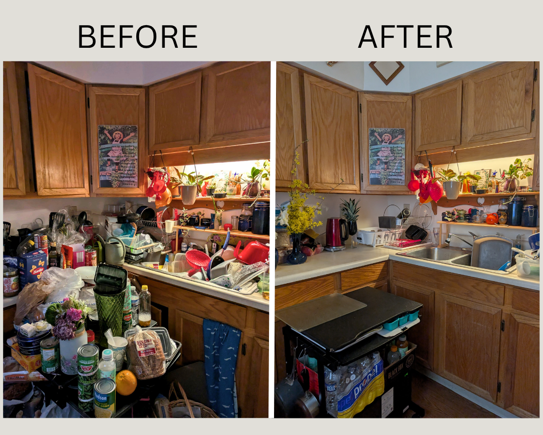 A second before and after view of Kay's kitchen showing cluttered counters and floor space transformed into a clear, functional cooking area by Home to Home Services in Richmond, VA